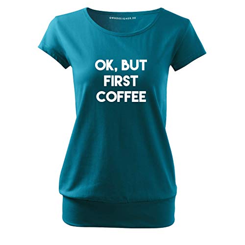 Ok but First Coffee Damen Long Back Shaped Tshirt lässiges Shirt mit Print Sommer Top-(City-87-L-Türkis) von OwnDesigner