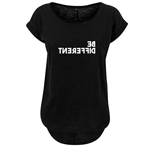 Be Different Design Damen Long Back Shaped Tshirt lässiges Shirt mit neuem Print Sommer Top L Schwarz (B36-370-L-Schwarz) von OwnDesigner