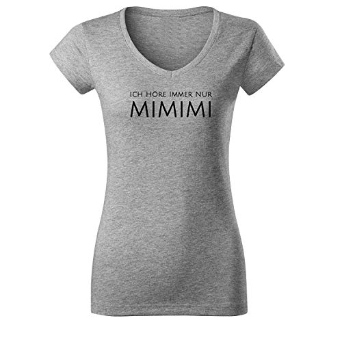 OwnDesigner Ich höre Immer nur mimimi Damen Tshirt & Frauen T Shirt mit leichtem Ausschnitt für Top Style (Vneck-440-L-Grau) von OwnDesigner