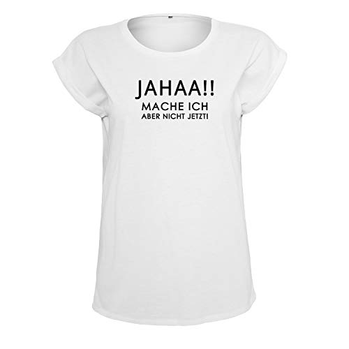 OwnDesigner Jahaa Mache Frauen T Shirt mit Spruch handgefärtigt Oversize-Shirt Rundhals Mädchen kurzärmlig (B21-480-M-Weiß) von OwnDesigner