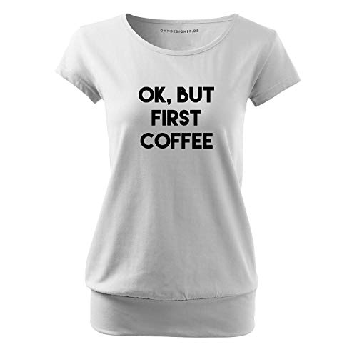 OwnDesigner Ok but First Coffee Damen Shirt mit Spruch lässig mit Motiv Bedruckt modisches Ladies Top-Sommer (City-87-2XL-Weiß) von OwnDesigner