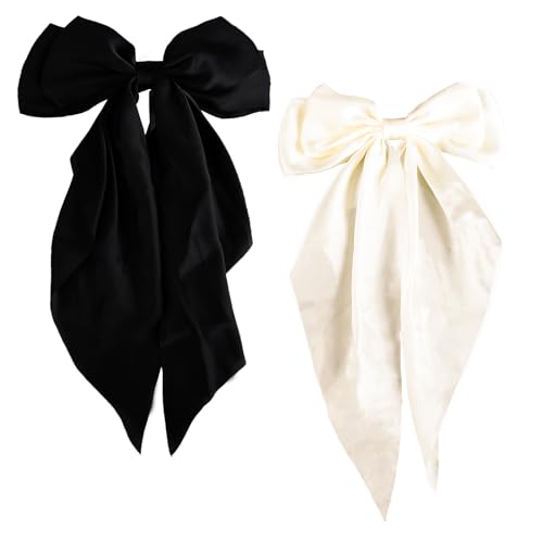 Ownkim Set mit 2 Haarschleifen für Damen aus seidigem Satin – große elegante Haarspangen für Damen und Mädchen, Schwarz und Weiß von Ownkim