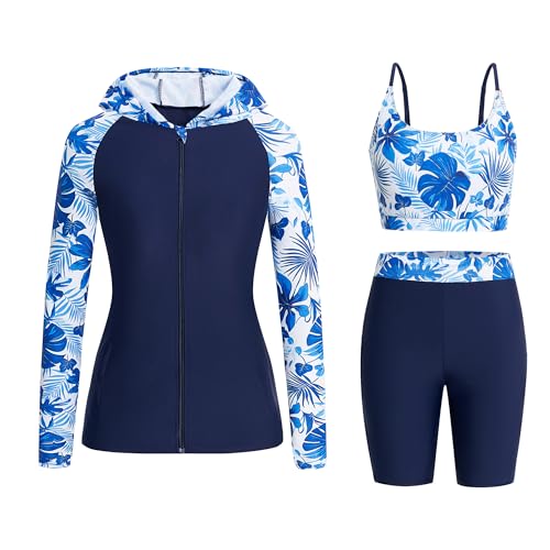 Owntop Damen 3-teiliger Rash Guard | UPF50+ Badeanzüge Kapuzen UV-Shirt | Langarm Reißverschluss Rashguard Shirts & Bikini Top & Hochtaillierte Boyshorts | Bescheidene Badebekleidung | Blau XL von Owntop