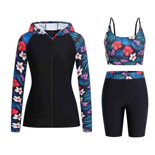 Owntop Damen 3-teiliger Rash Guard | UPF50+ Badeanzüge Kapuzen UV-Shirt | Langarm Reißverschluss Rashguard Shirts & Bikini Top & Hochtaillierte Boyshorts | Bescheidene Badebekleidung | Grün S von Owntop