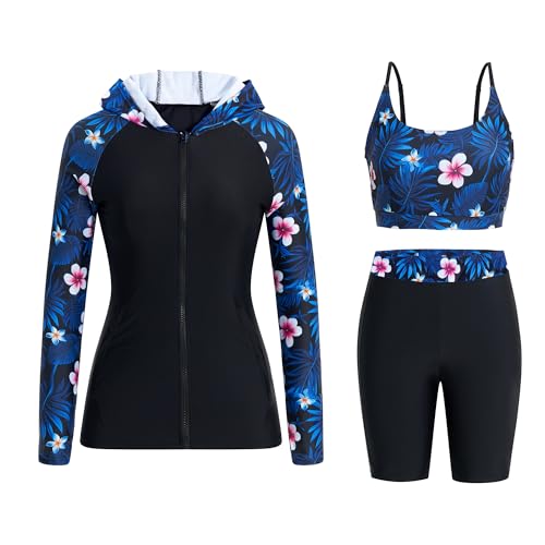 Owntop Damen 3-teiliger Rash Guard | UPF50+ Badeanzüge Kapuzen UV-Shirt | Langarm Reißverschluss Rashguard Shirts & Bikini Top & Hochtaillierte Boyshorts | Bescheidene Badebekleidung | Tiefblau XXL von Owntop