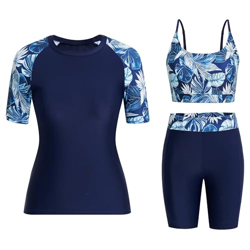Owntop Damen 3-teiliger Rash Guard | UPF50+ UV Shirt | Kurzarm Rashguard-Shirts & Bikini Top & Hochtaillierte Boyshorts | Schnelltrocknend Badebekleidung Badeanzüge | Schwimmen Surfen | Blau XXL von Owntop
