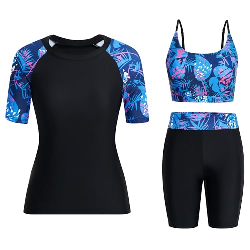 Owntop Damen 3-teiliger Rash Guard | UPF50+ UV Shirt | Kurzarm Rashguard-Shirts & Bikini Top & Hochtaillierte Boyshorts | Schnelltrocknend Badebekleidung Badeanzüge | Schwimmen Surfen | Rot M von Owntop