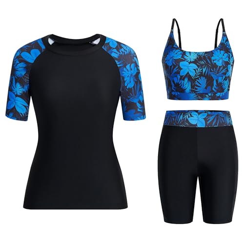 Owntop Damen 3-teiliger Rash Guard | UPF50+ UV Shirt | Kurzarm Rashguard-Shirts & Bikini Top & Hochtaillierte Boyshorts | Schnelltrocknend Badebekleidung Badeanzüge | Schwimmen Surfen | Tiefblau M von Owntop
