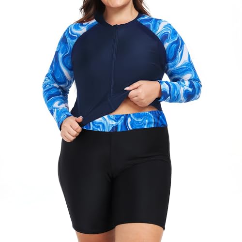 Owntop Damen Übergröße Rash Guard | 2-Teilige UPF 50+ Badeshirt | Langarm Reißverschluss Rashguard-Shirts & Hochtaillierte Boyshorts | Schnelltrocknend Badebekleidung Badeanzüge | Surfen | Blau 4XL von Owntop