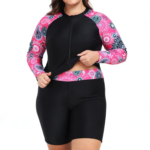 Owntop Damen Übergröße Rash Guard | 2-Teilige UPF 50+ Badeshirt | Langarm Reißverschluss Rashguard-Shirts & Hochtaillierte Boyshorts | Schnelltrocknend Badebekleidung Badeanzüge | Surfen | Rot 3XL von Owntop
