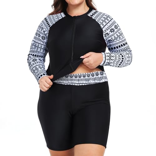 Owntop Damen Übergröße Rash Guard | 2-Teilige UPF 50+ Badeshirt | Langarm Reißverschluss Rashguard-Shirts & Hochtaillierte Boyshorts | Schnelltrocknend Badebekleidung Badeanzüge | Surfen | Weiß 3XL von Owntop
