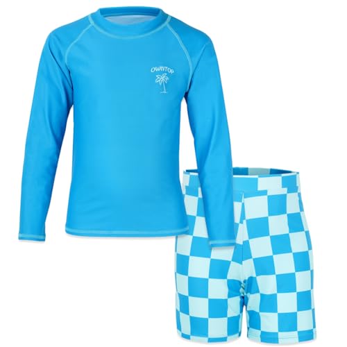 Owntop Jungen Badeanzug, 2-teiliges Schwimmanzug mit Badehose und Badeshirt Kinder, UV Badekleidung für Strand Pool Schwimmen - Kariertes Blau 100 von Owntop