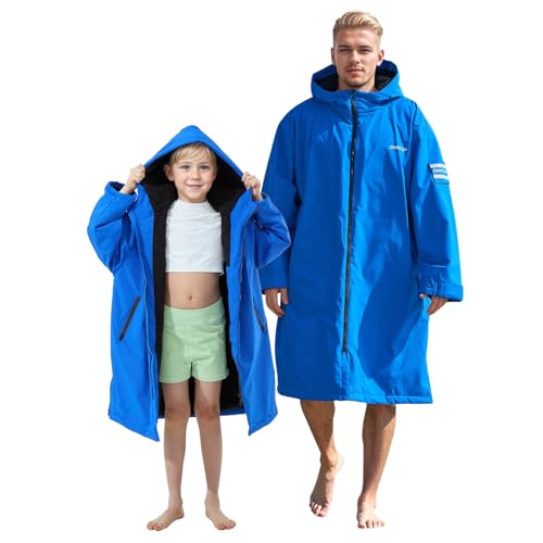 Owntop Wasserdichter Wickelmantel für Kinder - Winddichte Kapuzenmantel mit Sherpa-Fleece-Futter | Individueller Klettpatch | Übergroßer Wärmemantel für Schwimmen Surfen Strand (Blau,XS) von Owntop