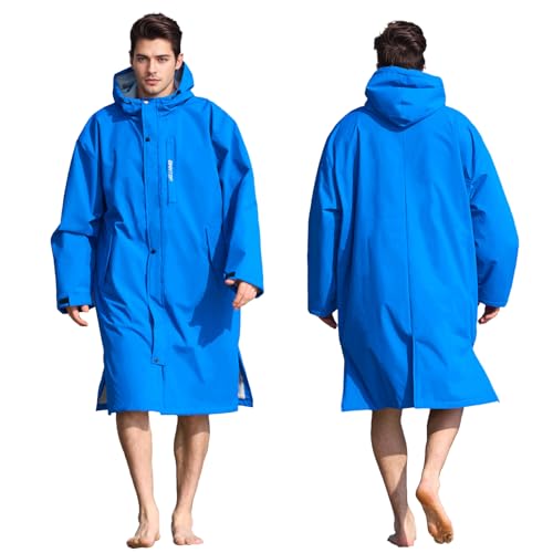 Owntop Wasserdichter Winddichter Wickelmantel – Übergroßer Quick-Dry Langarm Mantel mit Kapuze für Strand Schwimmen Surfen Spaziergänge, Blau+Grau, XL(180-185CM/80-90KG) von Owntop