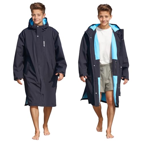 Owntop Wasserdichter Winddichter Wickelmantel – Übergroßer Quick-Dry Langarm Mantel mit Kapuze für Strand Schwimmen Surfen Spaziergänge, Schwarz+Grün, XS(150-170CM/12-15Y) von Owntop