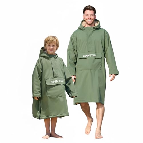 Owntop Wickelmantel für Erwachsene – Wasserdichter Halbreißverschluss-Trockenmantel mit Sherpa-Fleece-Futter | Winddichte Kapuze mit Kordelzug | Übergroßer Wärmemantel für Schwimmen Surfen (Grün,M) von Owntop