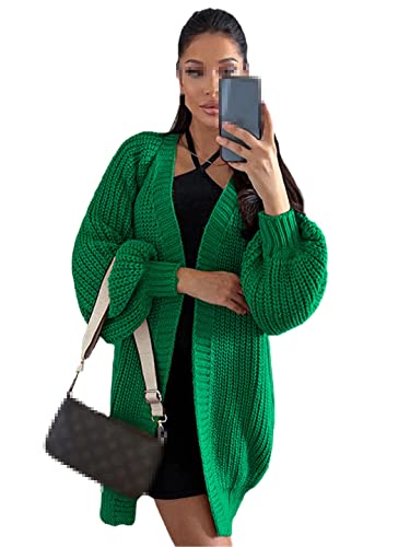 Damen Langarm Lose Strickjacke Cardigan Casual Solid Lang Pullover Herbst Winter Warm Mantel, grün, L von Ownwfeat