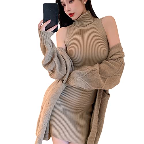 Damen Rollkragen Dünne Kleider Ärmellos Pullover Weste Solid Slim Minikleid, khaki, Einheitsgröße von Ownwfeat