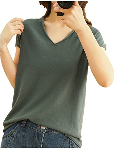 Damen V-Ausschnitt Strick-T-Shirt Basic T-Shirts Kurzarm, D1377 Qing Shi wie abgebildet1, Small von Ownwfeat