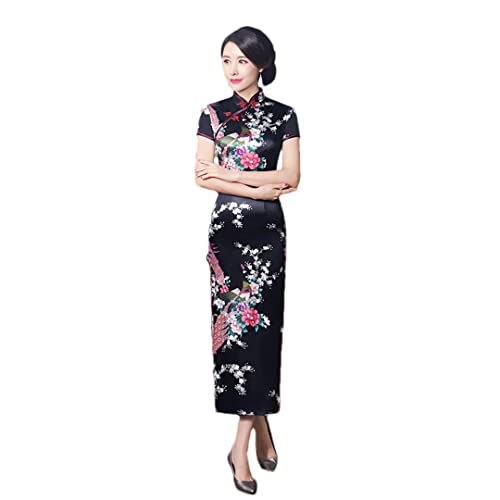 Ownwfeat Chinesisches Nationalkleid mit Cheongsam-Blumenmuster, Vintage-Seidenkleid, Schwarz , Small von Ownwfeat