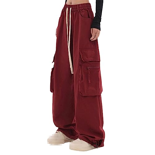 Ownwfeat Damen-Cargohose Mit Hoher Taille Und Taschen, Kordelzug, Elastischer Taille, Weites Bein, Freizeithose Red S von Ownwfeat