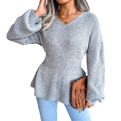 Ownwfeat Damen Herbst Winter Ballonärmel Nipped Taille Saum Rüschen Strick Pullover V Ausschnitt Einfarbig Causal Tops, grau, S von Ownwfeat