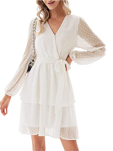 Ownwfeat Damen Kleider Büro Langarm V-Ausschnitt A-Linie Hochzeit Party Chiffon Minikleid, weiß, X-Large von Ownwfeat