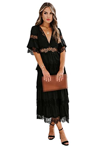 Ownwfeat Damen Lang Maxikleid Sommer Spitze Weiß Boho Kleid, Schwarz , Medium von Ownwfeat