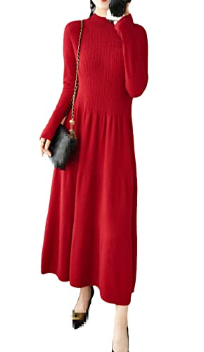 Ownwfeat Damen Pullover Kaschmir Wolle Kleid Langarm Weich Strick Halber Rollkragen Langes Kleid, rot, L von Ownwfeat