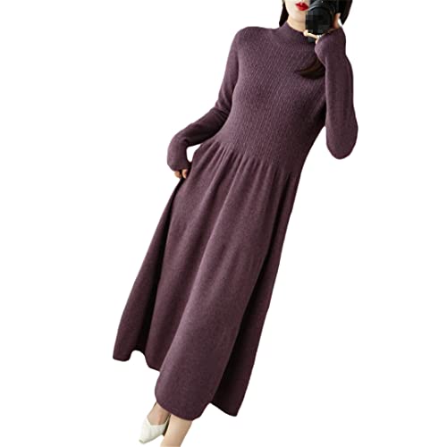 Ownwfeat Damen Pullover Kaschmir Wolle Kleid Langarm Weich Strick Halber Rollkragen Langes Kleid, violett, M von Ownwfeat