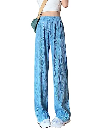 Ownwfeat Damen Water Ripples Ice Silk Hose Hohe Taille Weite Hose Frauen Gerade Jogginghose Blue M von Ownwfeat