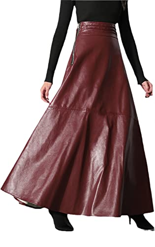 Ownwfeat Herbst hohe Taille langer PU-Lederrock Retro Damen Slim Fit Leder A-Linie Fischschwanzröcke, rot, 40 von Ownwfeat