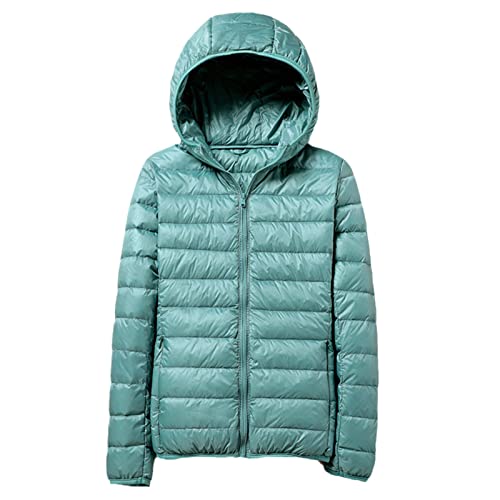 Ownwfeat Winter-Daunenjacke für Damen, warm, ultraleicht, mit Kapuze, langärmelig, Pufferjacke, Blaue Kapuze, 38 von Ownwfeat