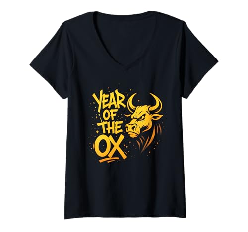 Damen Jahr des Ochsen Graffiti Sternzeichen Kunstwerk T-Shirt mit V-Ausschnitt Damen Jahr des Ochsen Graffiti Sternzeichen Kunstwerk T-Shirt mit V-Ausschnitt von Ox Street
