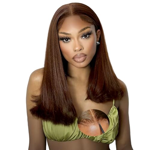 Oxeyegirl 22 Zoll 9x6 Straight Chocolate Brown 200% Density Wear and Go Glueless Wig Echthaar Perücke HD Lace Front Wig Human Hair Wigs Perücken Echthaar Damen No Glue Pre Plucked Pre Cut von Oxeyegirl