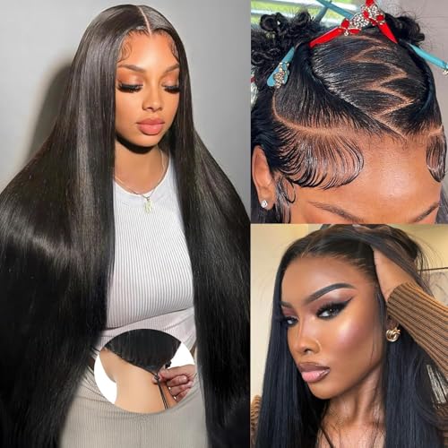 Oxeyegirl 32 Zoll 13x6 Straight Echthaar Perücke Lace Frontal Wig Human Hair with Elastic Drawstring 180% Density Perücke Damen Echthaar Glueless Wigs for Black Women Brazilian Silky Straight Hair von Oxeyegirl