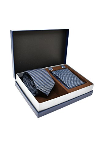 Krawatte Set mit Gestreifte Blaue Krawatte, Einstecktuch und Manschettenknöpfe für Herren - 100% Seide - Klassisch, Elegant und Modern - (Geschenk Set, ideal für Männer zum Geburtstag, eine Hochzeit) von Sweet Leaf