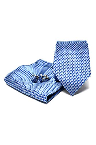 Krawatte Set mit Gestreifte Hellblaue Krawatte, Einstecktuch und Manschettenknöpfe für Herren - 100% Seide - Elegant und Modern - (Geschenk, ideal für Männer zum Geburtstag, eine Hochzeit) von Sweet Leaf