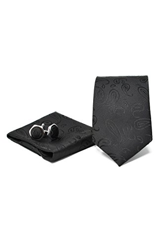 Krawatte Set mit Paisley Schwarz Krawatte, Einstecktuch und Manschettenknöpfe für Herren - 100% Seide - Klassisch, Elegant und Modern - (Geschenk, ideal für Männer zum Geburtstag, eine Hochzeit) von Sweet Leaf