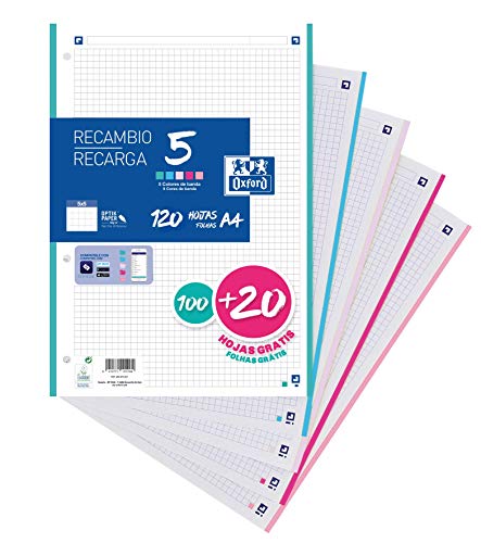 Oxford, A4, kariert, Nachfüllpackung, 100 + 20 Blatt, kariert, 5 x 5 Streifen, 5 Pastellfarben Oxford, A4, kariert, Nachfüllpackung, 100 + 20 Blatt, kariert, 5 x 5 Streifen, 5 Pastellfarben von Oxford