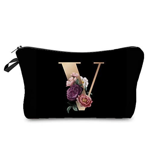 26-initials Flower Cosmetic Bag A Z Letter Make Up Tasche Frauen Reisen Mit Damen Geschenk Tragbare Schönheitstaschen Mode Aufbewahrung Handtasche Schutzschutz Organisatoren Beauty Bags von Oxxggkao