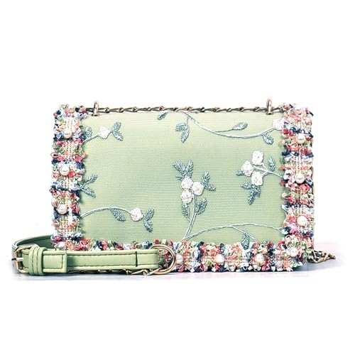 Modische Umhängetasche, stilvolle Schultertasche, PU mit exquisiter Stickerei und Kettenverzierung für Modeliebhaber, Kette, Crossbody-Tasche, grün, One Size von Oxxggkao