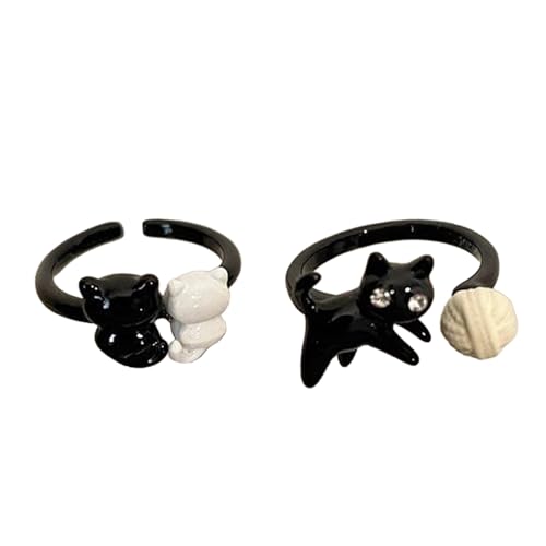 Oxxggkao 2pcs/Set Schwarze Katzenringe Für Frauen Lustig Kristall Augen Cartoon Paar Hochzeitsfinger Schmuck Mode Süßer Accessoire Finger von Oxxggkao