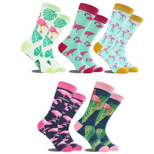 Oxxggkao 5 Paare Unisex Lustige Neuheit Baumwollkalbsocken Farbenfrohe Flamingos Muster Drucke Kleid Für Freizeit Und Reiseverschleiß Neuheit von Oxxggkao