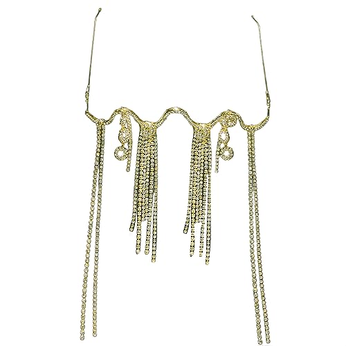 Oxxggkao Eleganter Strass-Sonnenbrillenrahmen, glitzernde Quasten, Gesichtskette, Schmuck für Partys, Straßen-Schnappverschluss, Halbbrille, modische Sonnenbrille, Brillen, Strass, gold Oxxggkao Eleganter Strass-Sonnenbrillenrahmen, glitzernde Quasten, Gesichtskette, Schmuck für Partys, Straßen-Schnappverschluss, Halbbrille, modische Sonnenbrille, Brillen, Strass, gold von Oxxggkao