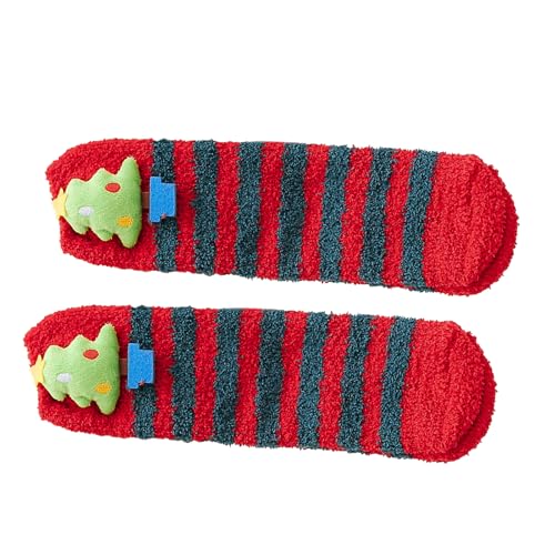 Oxxggkao Fleece-Socken mit Cartoon-Muster, für Damen, dehnbar, weich, für Weihnachtsfeiern, Feiern und den täglichen Gebrauch, Korallen-Fleece, Weihnachtsbaum, Einheitsgröße von Oxxggkao