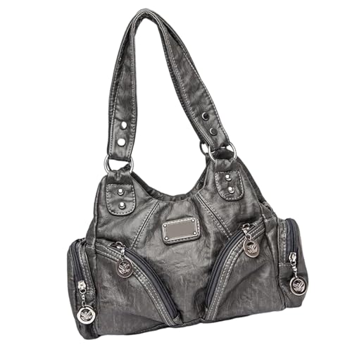 Oxxggkao Motorradtasche für Damen, Retro, Umhängetasche, stilvolle Schultertasche, PU-Leder, tägliche Handtasche für den täglichen Gebrauch, modisch, Crossbody-Top-Griff, Retro-Handtasche, grau, One von Oxxggkao