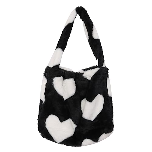 Oxxggkao Pelzige Damen-Tragetasche, groß, niedlich, Plüsch-Umhängetasche, modische Damen-Geldbörse für Herbst und Winter, pelzige Tragetaschen für die Schule, Schwarz Herz, One Size von Oxxggkao