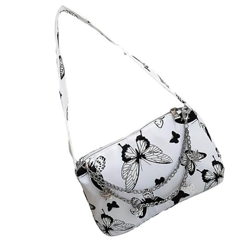 Oxxggkao Trendige Damen-Schultertasche mit Reißverschluss, modisches Schmetterlings- und Kuh-Muster, PU-Kunststoff, kleine Unterarmtasche, stilvolle Metallkette, Dekoration, Geldbörse, trendiger von Oxxggkao