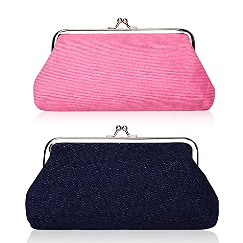 Oyachic 2 Packs Große Portemonnaie Corduroy Coin Purse Vintage Geldbörse Large Wallet mit Clipverschluss Klickverschluss Damen Geldbeutel (Blau + Rot) von Oyachic